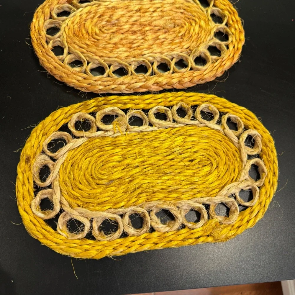 Vintage Woven Sisal Trivets Home Set of 3 Brown Orange Yellow Boho Rustic 10x6.5